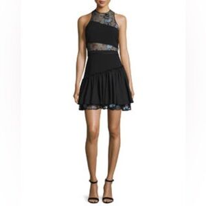cinq a sept cutout illusion mini dress black blue floral cocktail wedding guest